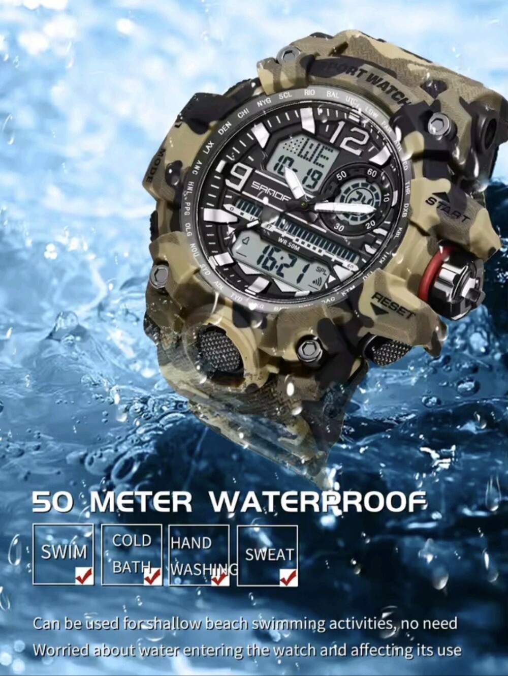 Men's Digital Camouflage Military Style Sports Watch. Waterproof 50M, Resin Case - Picture 9 of 11